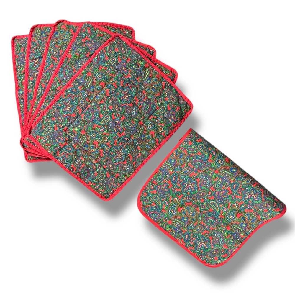 VTG Lands' End Coming Home Red & Green Paisley Placemats & Table‎ Runner 6pc Set